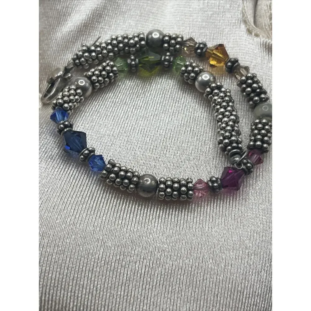 Vintage Sterling Silver 925 Tennis Beaded Bracelet Orange Pink Blue Green Grey